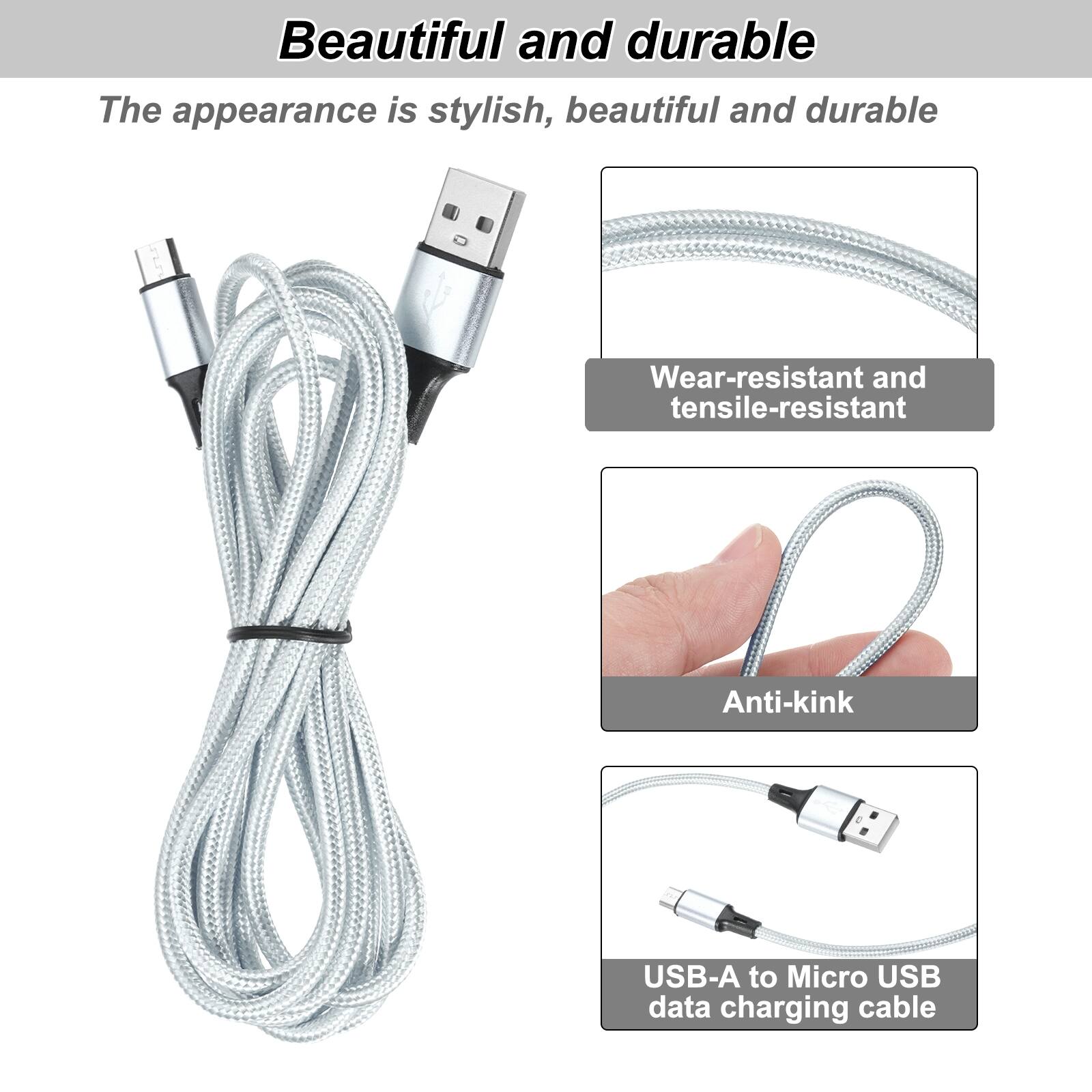 Beautiful and durable

The appearance is stylish, beautiful and durable

Wear-resistant and tensile-resistant

Anti-kink

USB-A to Micro USB data charging cable