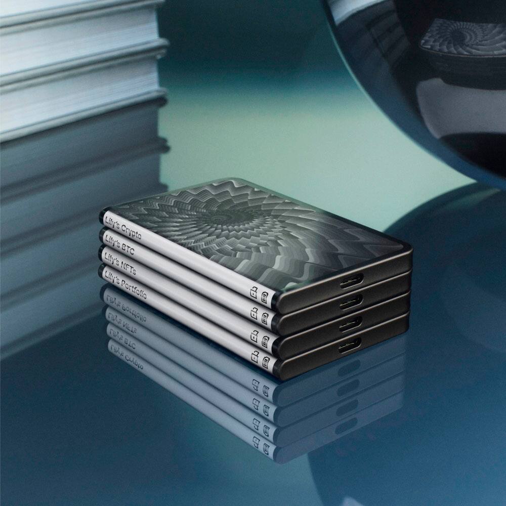 The image features a stack of three books, with one book on top of the other. The books are arranged in a way that they are stacked neatly, creating a visually appealing display. The books are likely related to cryptocurrency, as they are described as "crypto books." The arrangement of the books suggests that they are part of a portfolio or collection, showcasing the owner's interest in cryptocurrency and related topics.