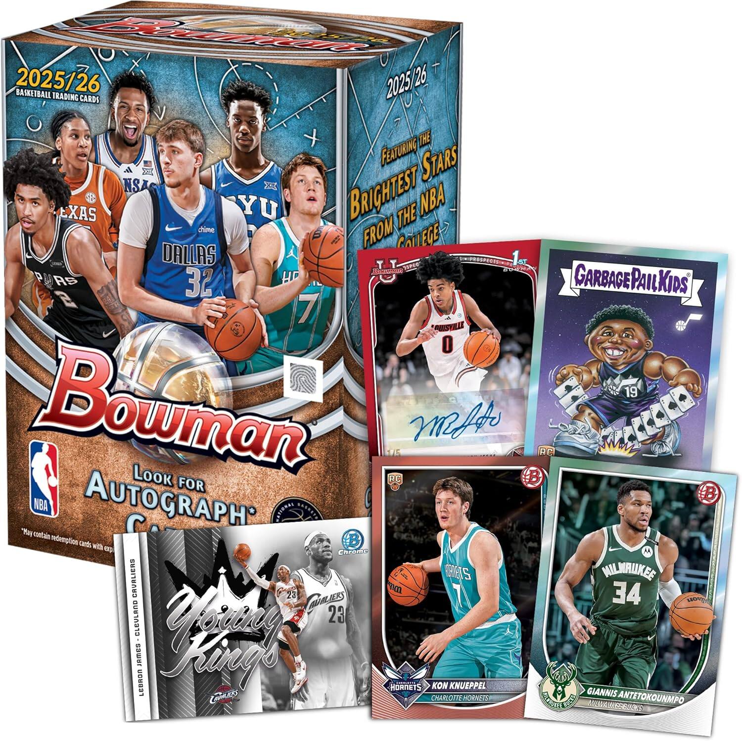2025/26 Basketball Trading Cards  
Featuring the Brightest NBA Stars from College  

Bowman  
Look for Autograph Cards  

Garbage Pail Kids  

King James  
Cavaliers  

Kon Knueppel  
Hornets  

Giannis Antetokounmpo  
Milwaukee Bucks  

May contain redemption cards with expiration dates.