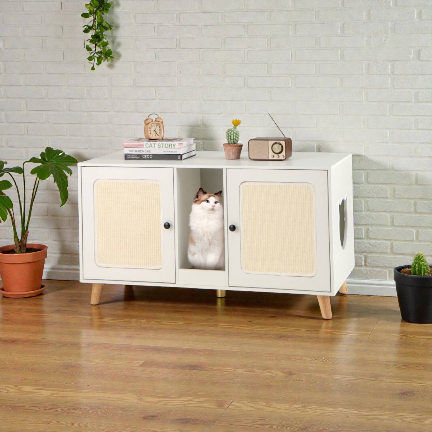 BreeBe - Double-Room Cat Litter Furniture with Two Sisal Mats, 43-Inch Design - White