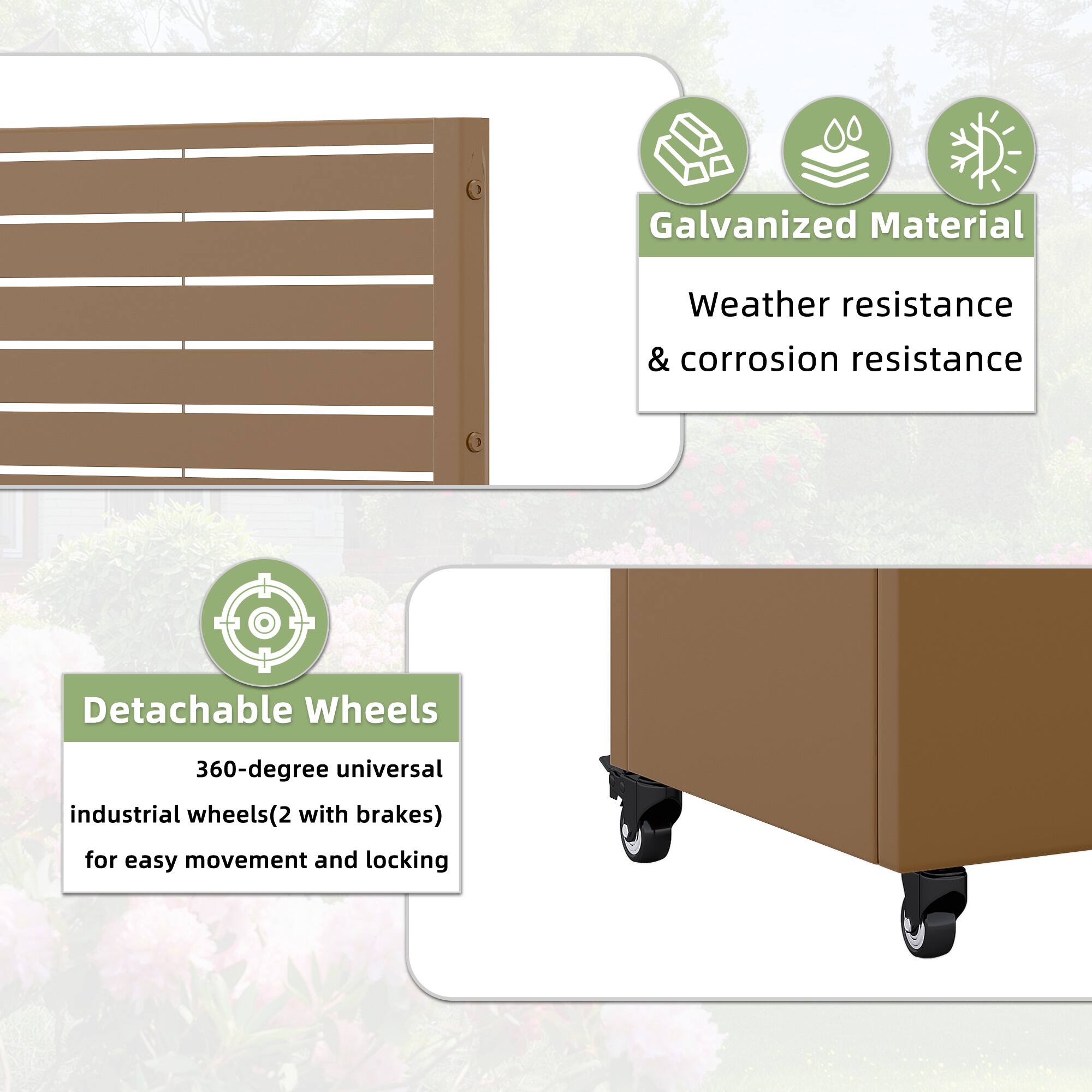 Galvanized Material  
Weather resistance & corrosion resistance  

Detachable Wheels  
360-degree universal industrial wheels (2 with brakes) for easy movement and locking