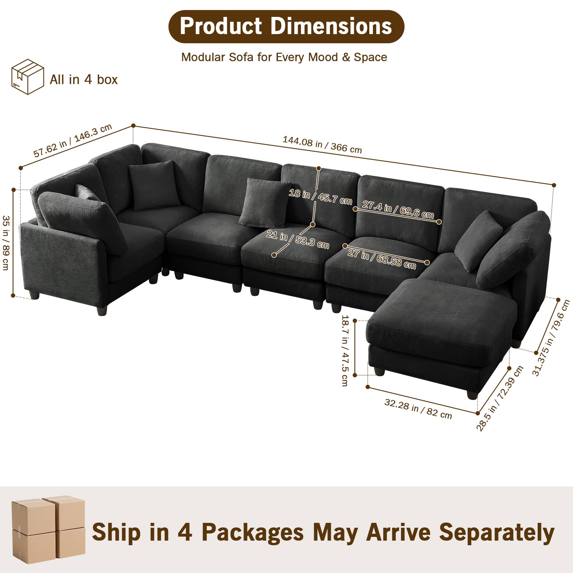 Product Dimensions  
Modular Sofa for Every Mood & Space  

All in 4 box  

- 144.08 in / 366 cm (Length)  
- 57.62 in / 146.3 cm (Depth)  
- 35 in / 89 cm (Height)  
- 27.4 in / 69.6 cm (Armrest Height)  
- 27 in / 68.58 cm (Seat Height)  
- 21 in / 53.3 cm (Seat Depth)  
- 18 in / 45.7 cm (Seat Width)  
- 32.28 in / 82 cm (Seat Width)  
- 28.5 in / 72.39 cm (Seat Width)  
- 18.7 in / 47.5 cm (Seat Width)  
- 31.375 in / 79.6 cm (Seat Width)  

Ship in 4 Packages May Arrive Separately