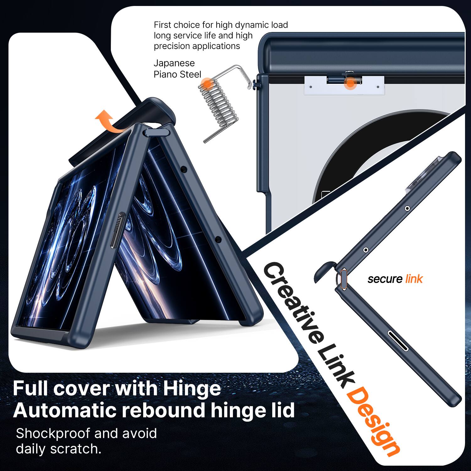 First choice for high dynamic load, long service life, and high precision applications: Japanese Piano Steel

Full cover with Hinge Automatic rebound hinge lid
Shockproof and avoid daily scratch.

Creative Link Design
secure link