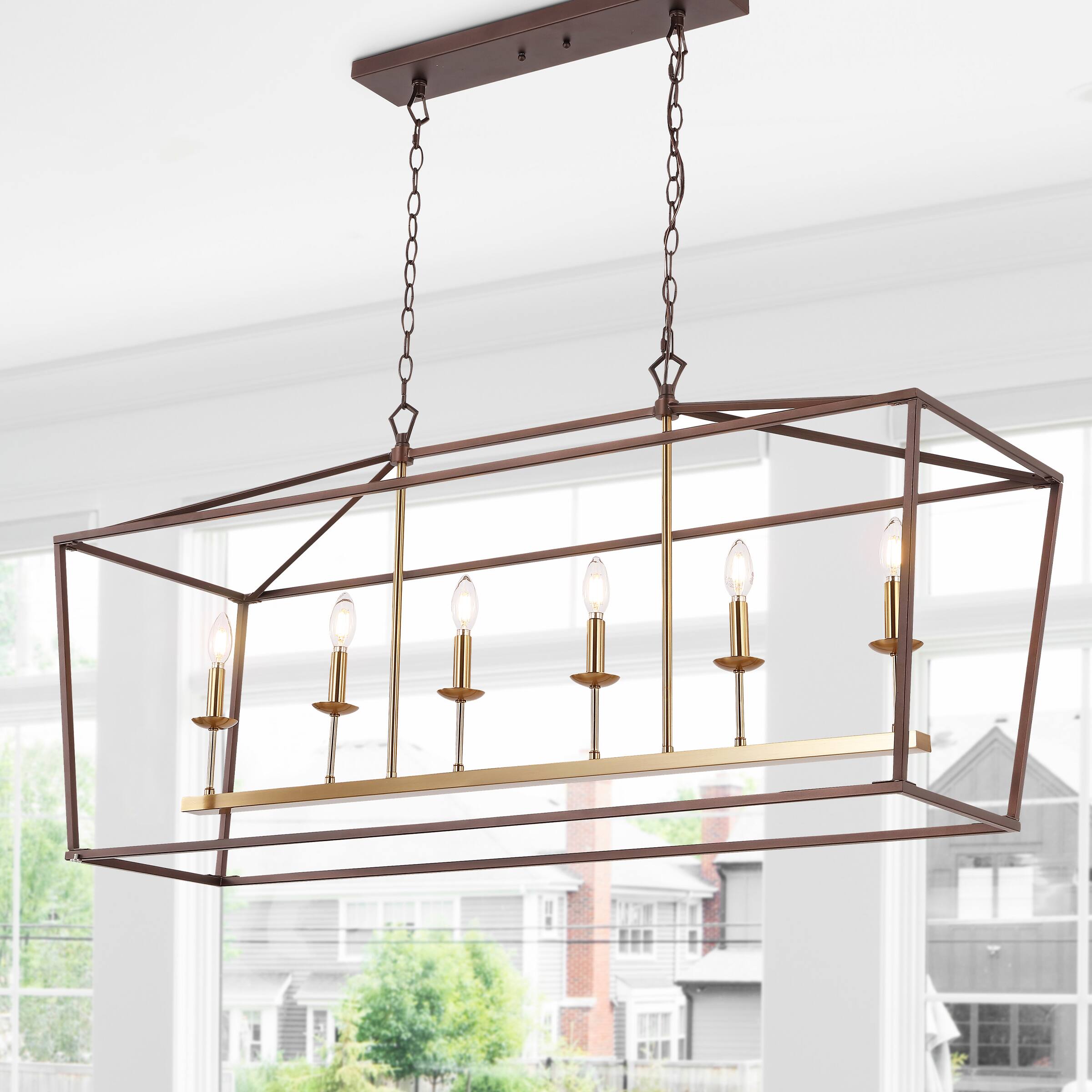 Alt View 1. Jonathan Y - Pagoda 49" 6-Light Classic Traditional Metal Linear Cage Lantern LED Pendant, Oil Rubbed Bronze/Brass Gold - Oil Rubbed Bronze.