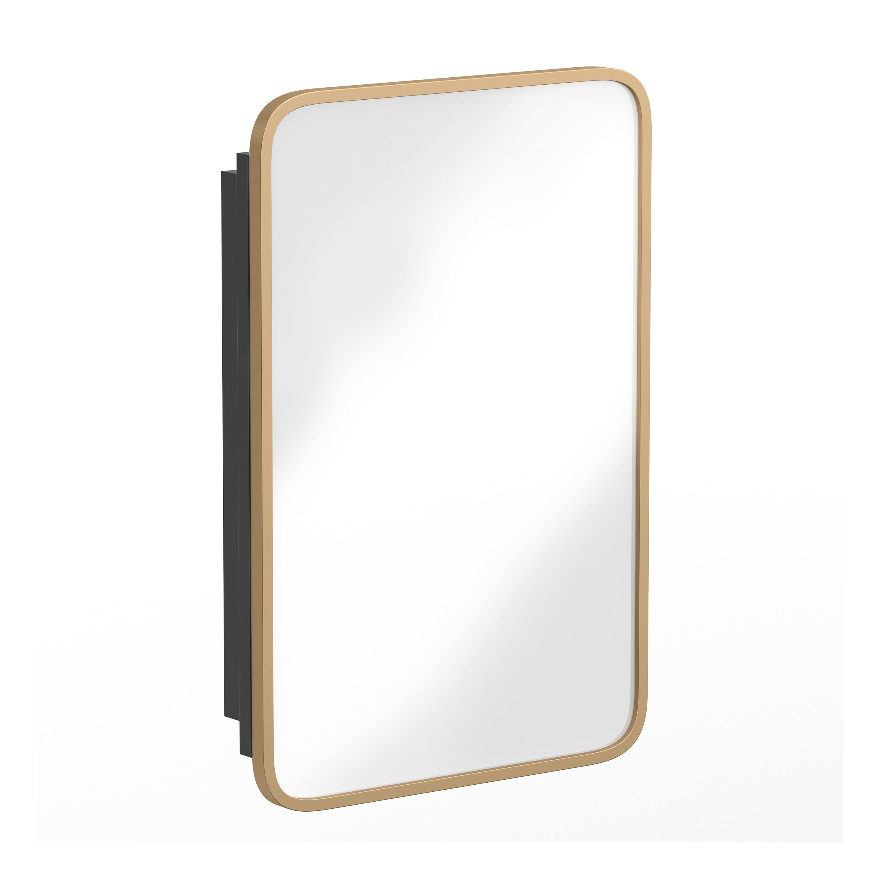 Alt View 1. Emma + Oliver - Jackie Metal Framed Bathroom Medicine Cabinet with Reversible, Recessed Design and Beveled Rounded Mirror - Gold.