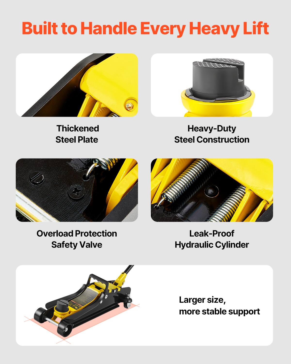 Built to Handle Every Heavy Lift

- Thickened Steel Plate
- Heavy-Duty Steel Construction
- Overload Protection Safety Valve
- Leak-Proof Hydraulic Cylinder
- Larger size, more stable support