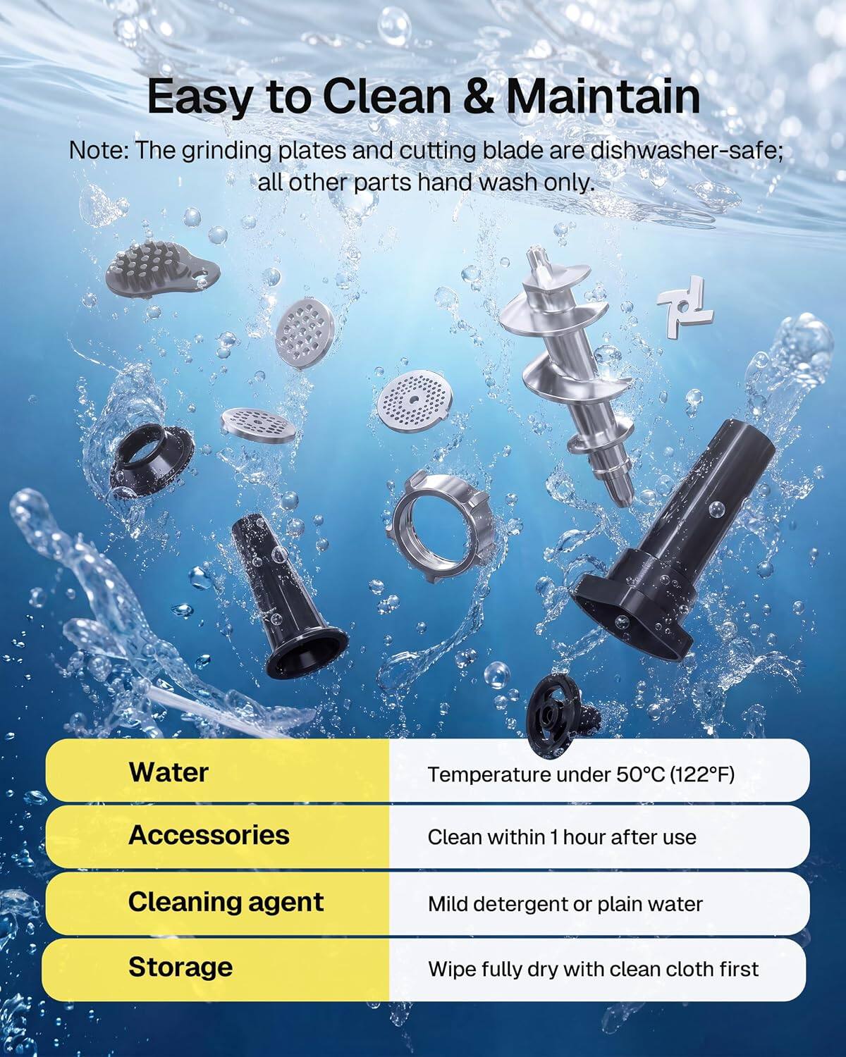 Easy to Clean & Maintain

Note: The grinding plates and cutting blade are dishwasher-safe; all other parts hand wash only.

Water
- Temperature under 50°C (122°F)

Accessories
- Clean within 1 hour after use

Cleaning agent
- Mild detergent or plain water

Storage
- Wipe fully dry with clean cloth first