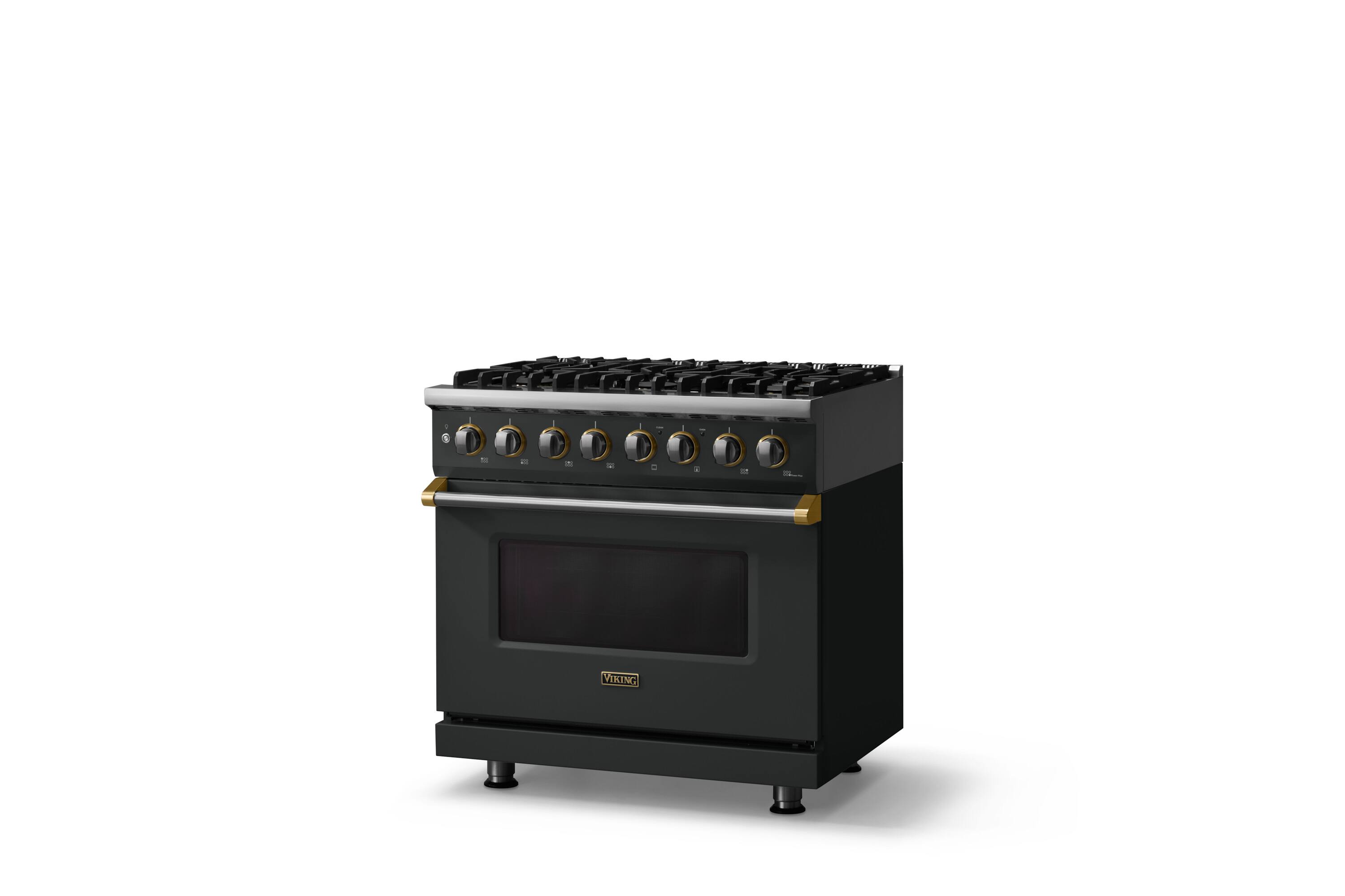 Angle. Viking - 36"W 5.6 Cu.Ft. Pro5S Freestanding Sealed 6 Burner Dual Fuel Convection LP Range - Antique Bronze w. Brushed Brass Trim - Antique Bronze.