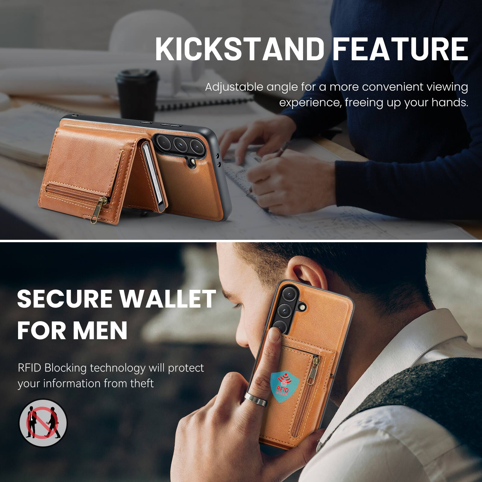 KICKSTAND FEATURE  
Adjustable angle for a more convenient viewing experience, freeing up your hands.  

SECURE WALLET FOR MEN  
RFID Blocking technology will protect your information from theft