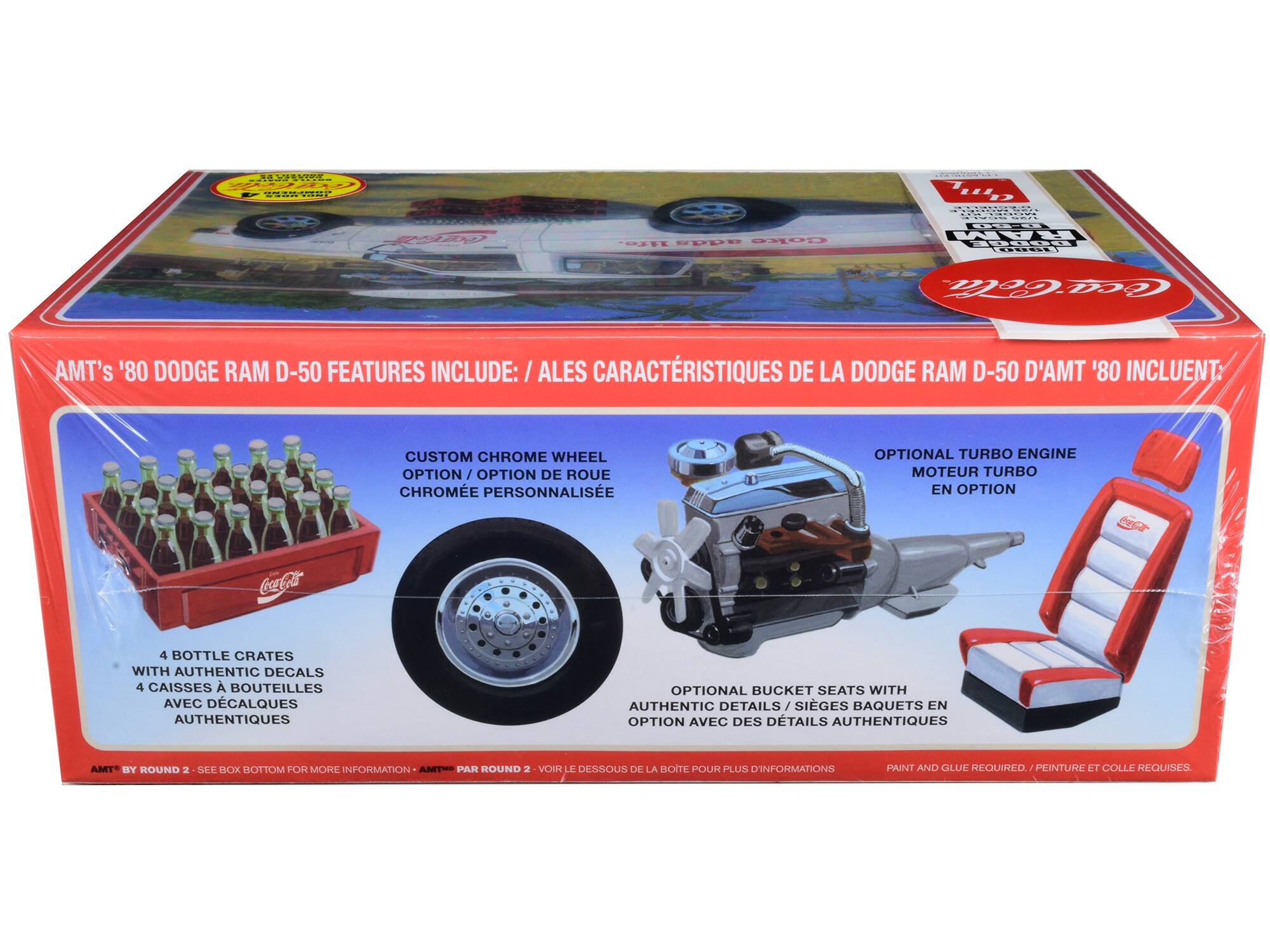 AMT's '80 DODGE RAM D-50 FEATURES INCLUDE: / ALES CARACTERISTIQUES DE LA DODGE RAM D-50 D'AMT '80 INCLUENT: CUSTOM CHROME WHEEL OPTION / OPTION DE ROUE CHROME PERSONNALISE OPTIONAL TURBO ENGINE MOTEUR TURBO EN OPTION 4 BOTTLE CRATES WITH AUTHENTIC DECALS 4 CAISSES A BOUTEILLES AVEC DECALQUES AUTHENTIQUES OPTIONAL BUCKET SEATS WITH AUTHENTIC DETAILS / SIGES BAQUETS EN OPTION AVEC DES DETAILS AUTHENTIQUES AMT* BY ROUND 2 SEE BOX BOTTOM FOR MORE INFORMATION / AMT PAR ROUND 2 VOIR LE DESSOUS DE LA BOITE POUR PLUS D'INFORMATIONS PAINT AND GLUE REQUIRED. / PEINTURE ET COLLE REQUISES