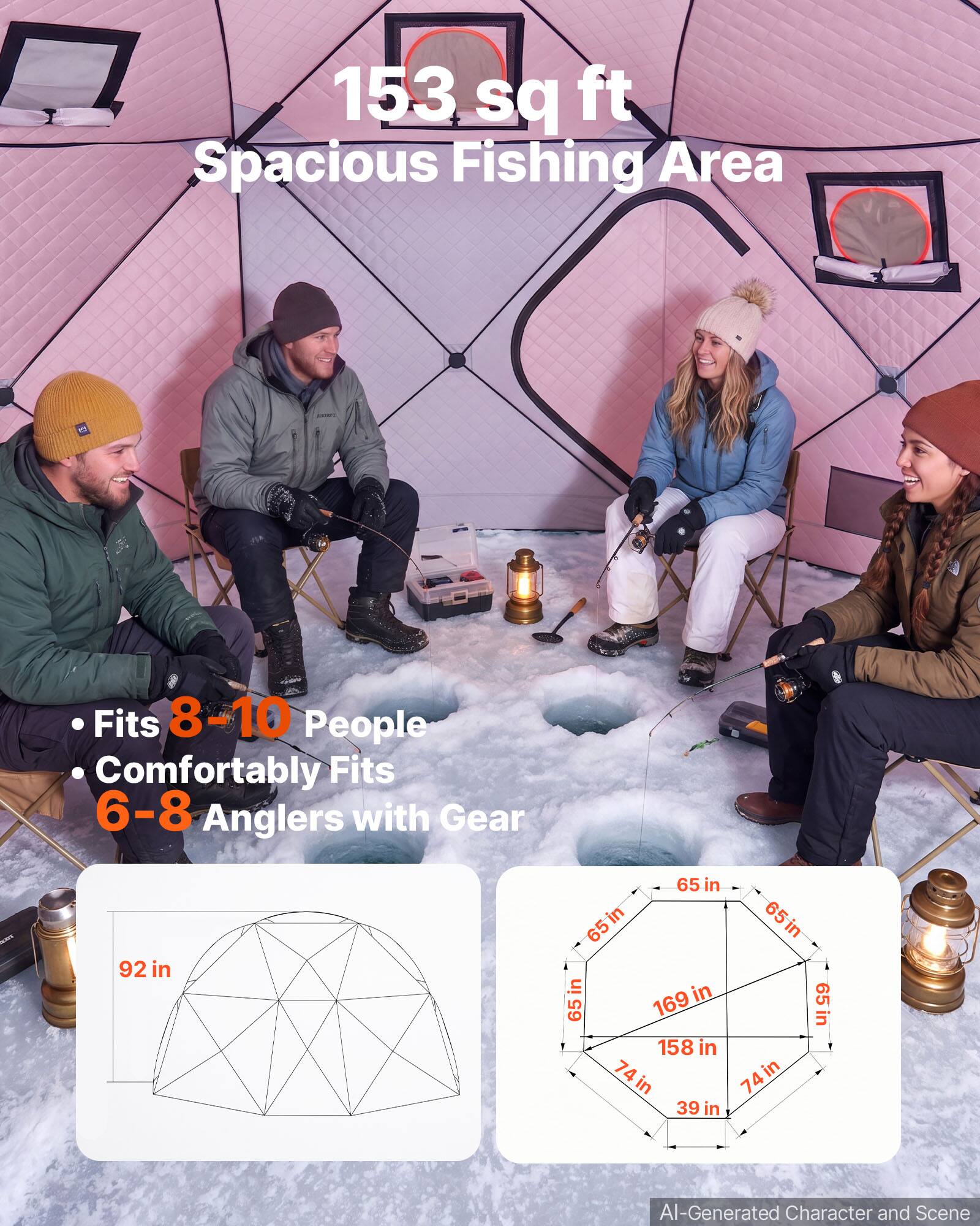 153 sq ft Spacious Fishing Area

Fits 8-10 People Comfortably Fits 6-8 Anglers with Gear

92 in

65 in

169 in

158 in

74 in

39 in

AI-Generated Character and Scene