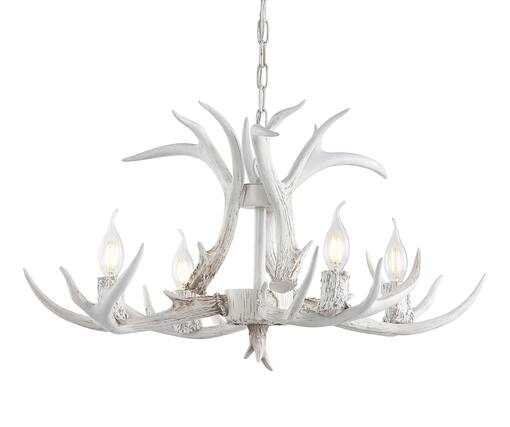 Front. Jonathan Y - Eldora 26" 4-Light Rustic Farmhouse Adjustable Resin Antler LED Chandelier, White - Antique White.