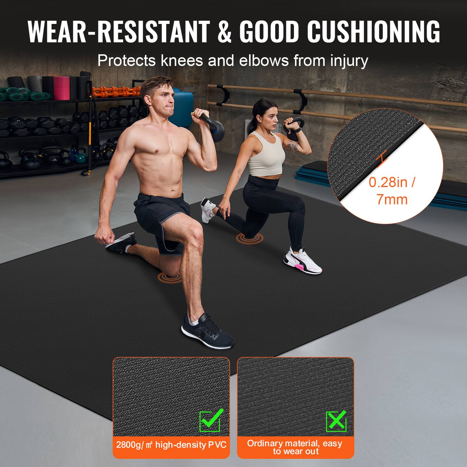 WEAR-RESISTANT & GOOD CUSHIONING  
Protects knees and elbows from injury  

0.28in / 7mm  

2800g/m² high-density PVC  

Ordinary material, easy to wear out