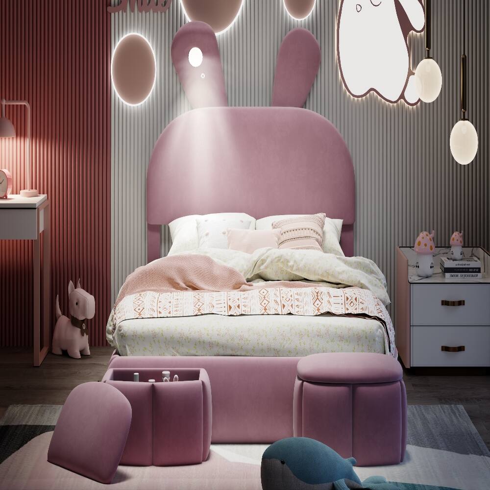 Alt View 6. Loheer - Loheer Full Size Platform Bed Pink Upholstered Cartoon Ears Headboard Kids Velvet Bed with LED Light - Pink.