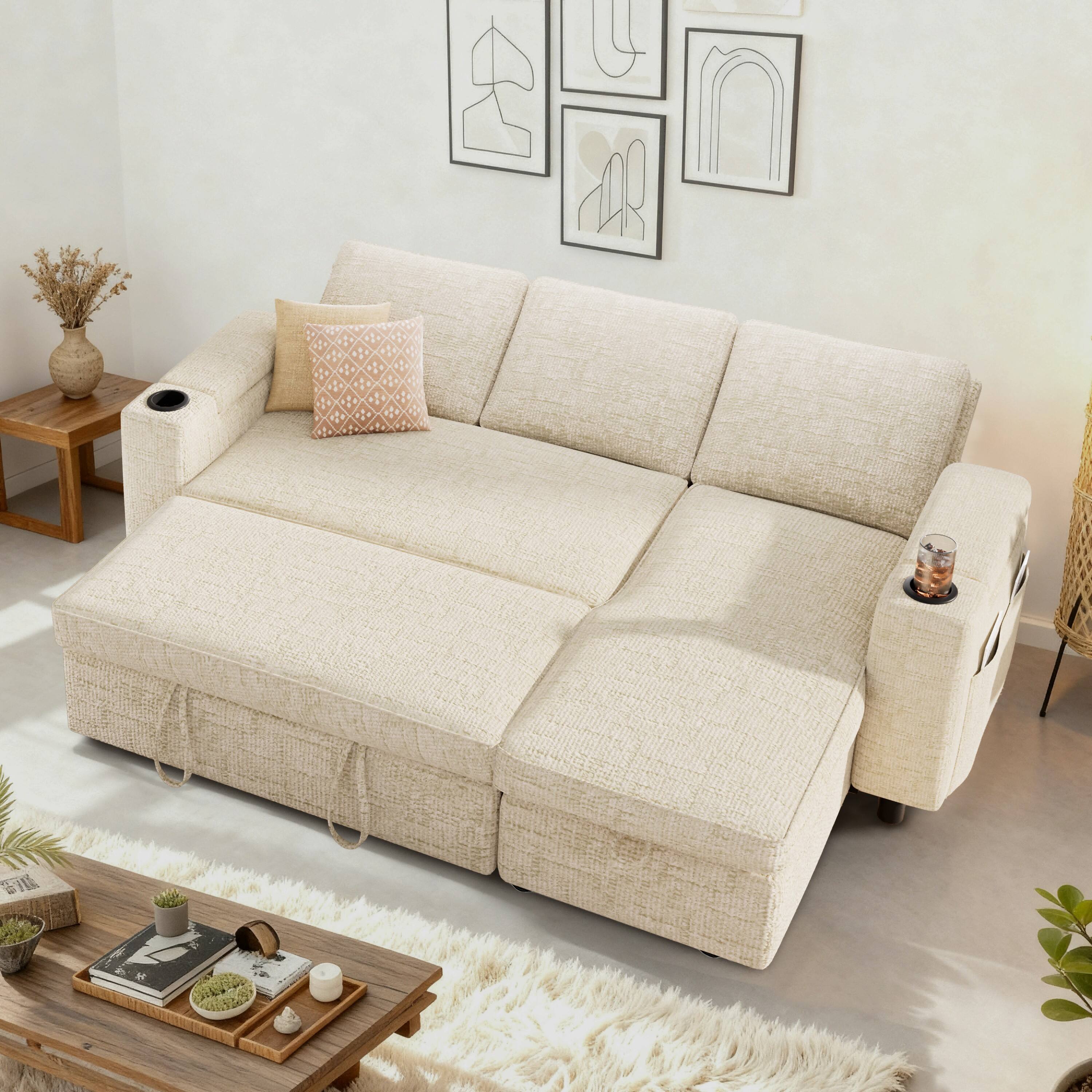 Angle. Dyonery - Dyonery  82" Pull Out Couch Sleeper Sofa Bed,with Armrest Storage Cup Holder  Side Pocket   Tool-Free Assembly , Beige - Beige.