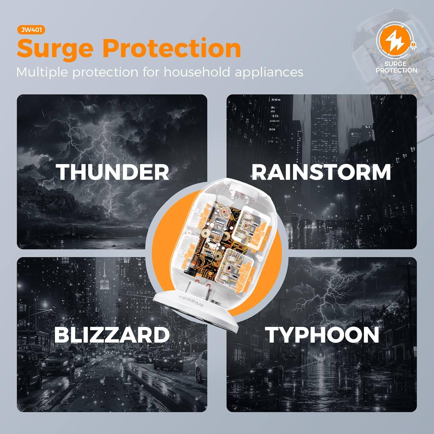 JW401  
Surge Protection  
Multiple protection for household appliances  

THUNDER  
RAINSTORM  
BLIZZARD  
TYPHOON