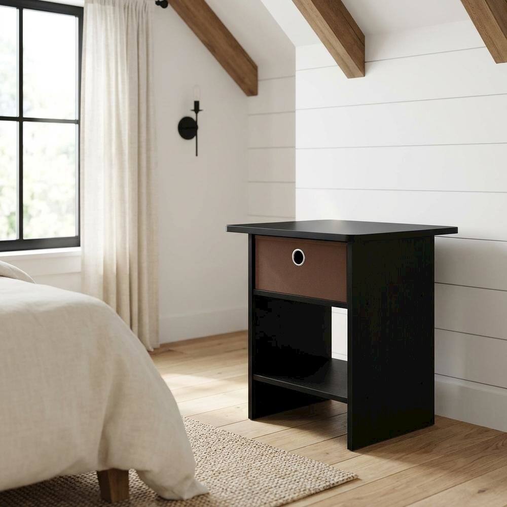 Angle. FurniFact - Medium brown wood nightstand with storage shelf and bin drawer - Americano/Medium Brown.