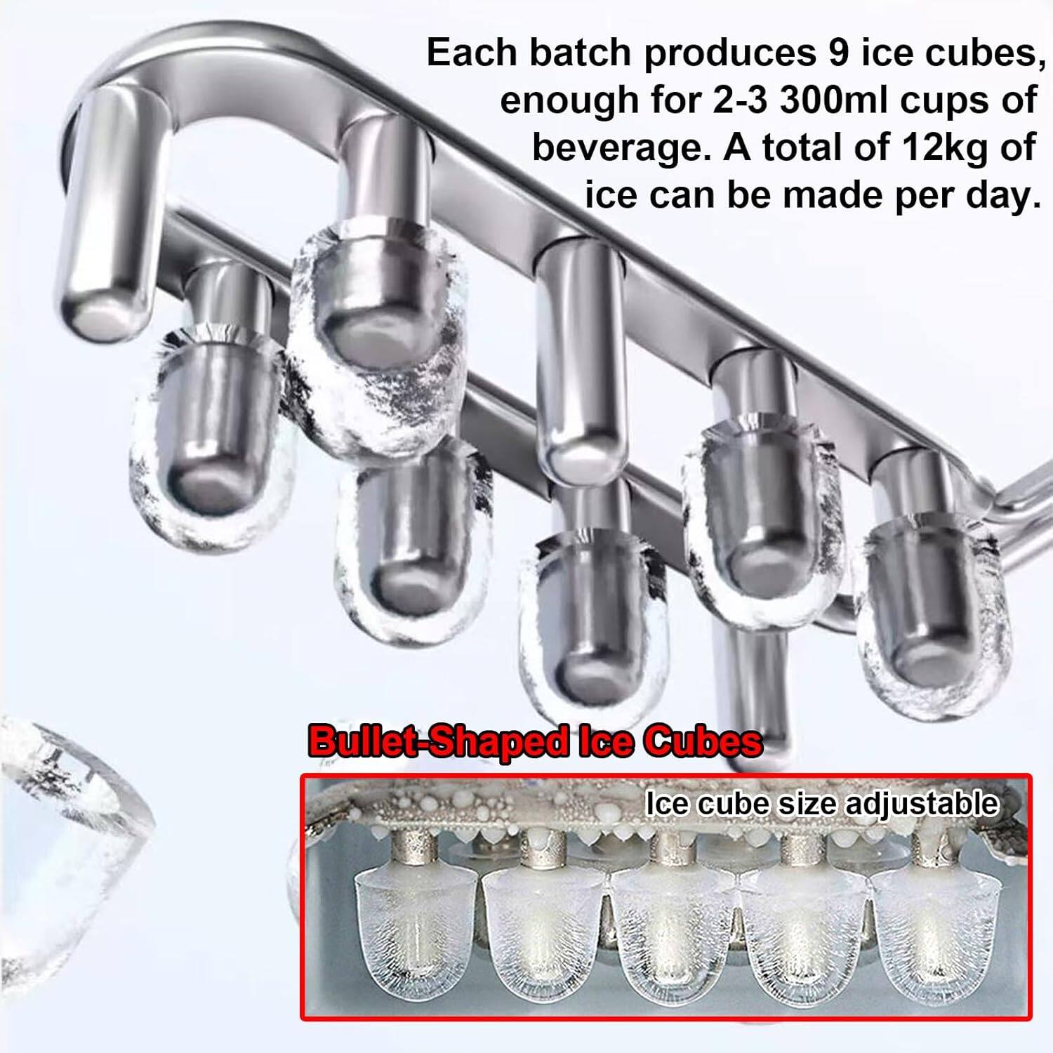 Each batch produces 9 ice cubes, enough for 2-3 300ml cups of beverage. A total of 12kg of ice can be made per day. Bullet-Shaped Ice Cubes Ice cube size adjustable