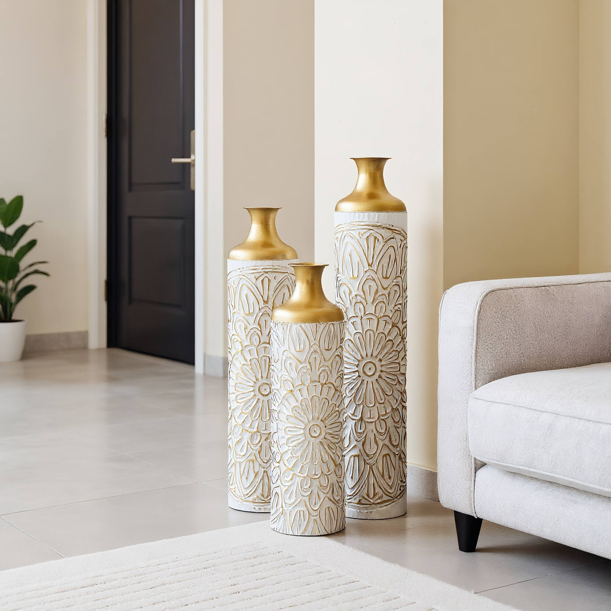 Alt View 1. Anysun - Modern Droplet Shape White Metal Floor Vase 3-Piece Set - Glazed Finish for Home Decoration - White.