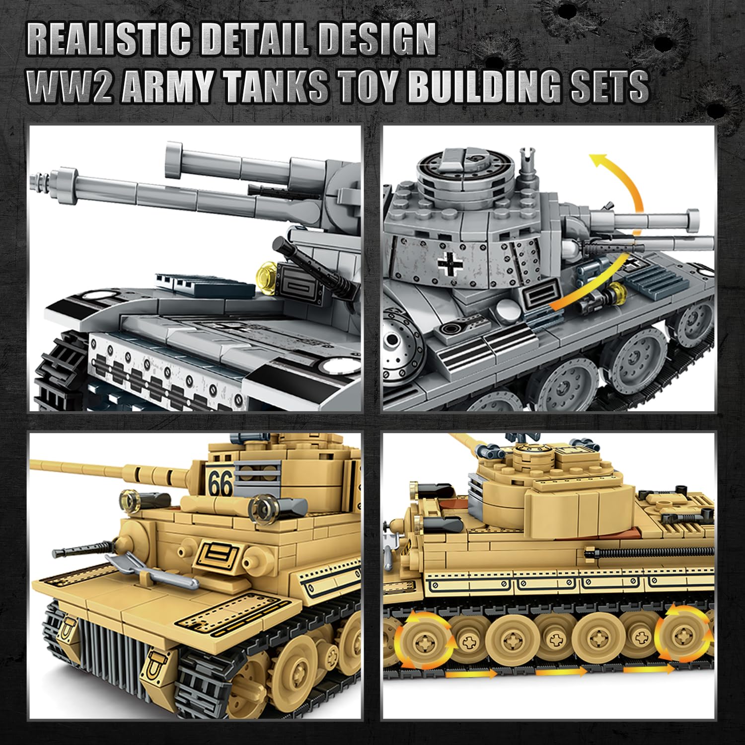 REALISTIC DETAIL DESIGN  
WW2 ARMY TANKS TOY BUILDING SETS