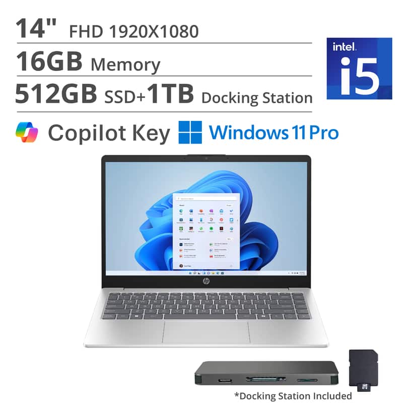 HP - 14" FHD Laptop,Intel Core i5-1334U,16GB DDR4,512GB SSD+1TB Dock Station,Intel Iris Xe GPU,Copilot,Win 11 Pro - Silver