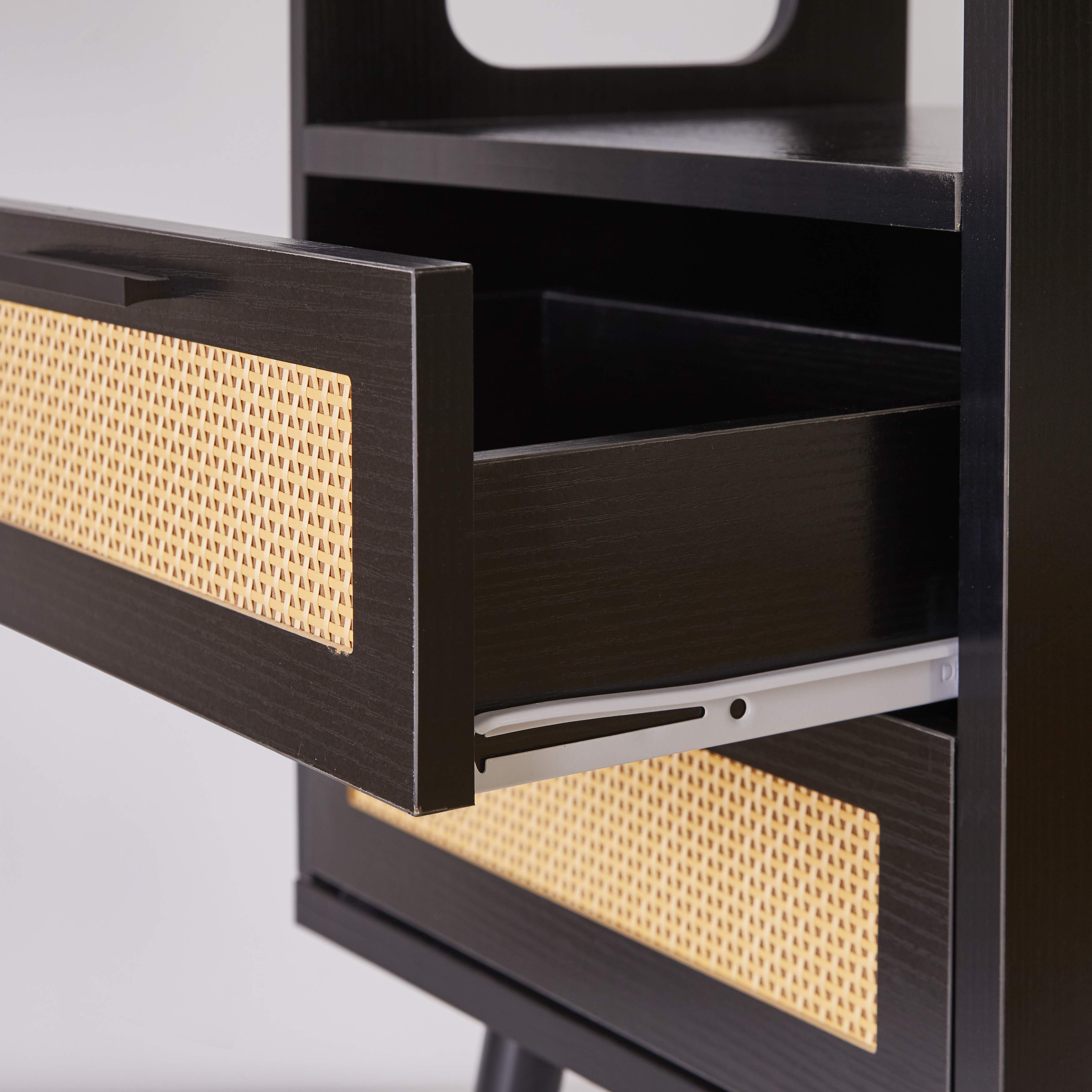 Angle. Whisen - Set of 2 Nightstand with 2-Drawer Storage,Rattan-Front Bedside Table for Bedroom with Handles - Black.