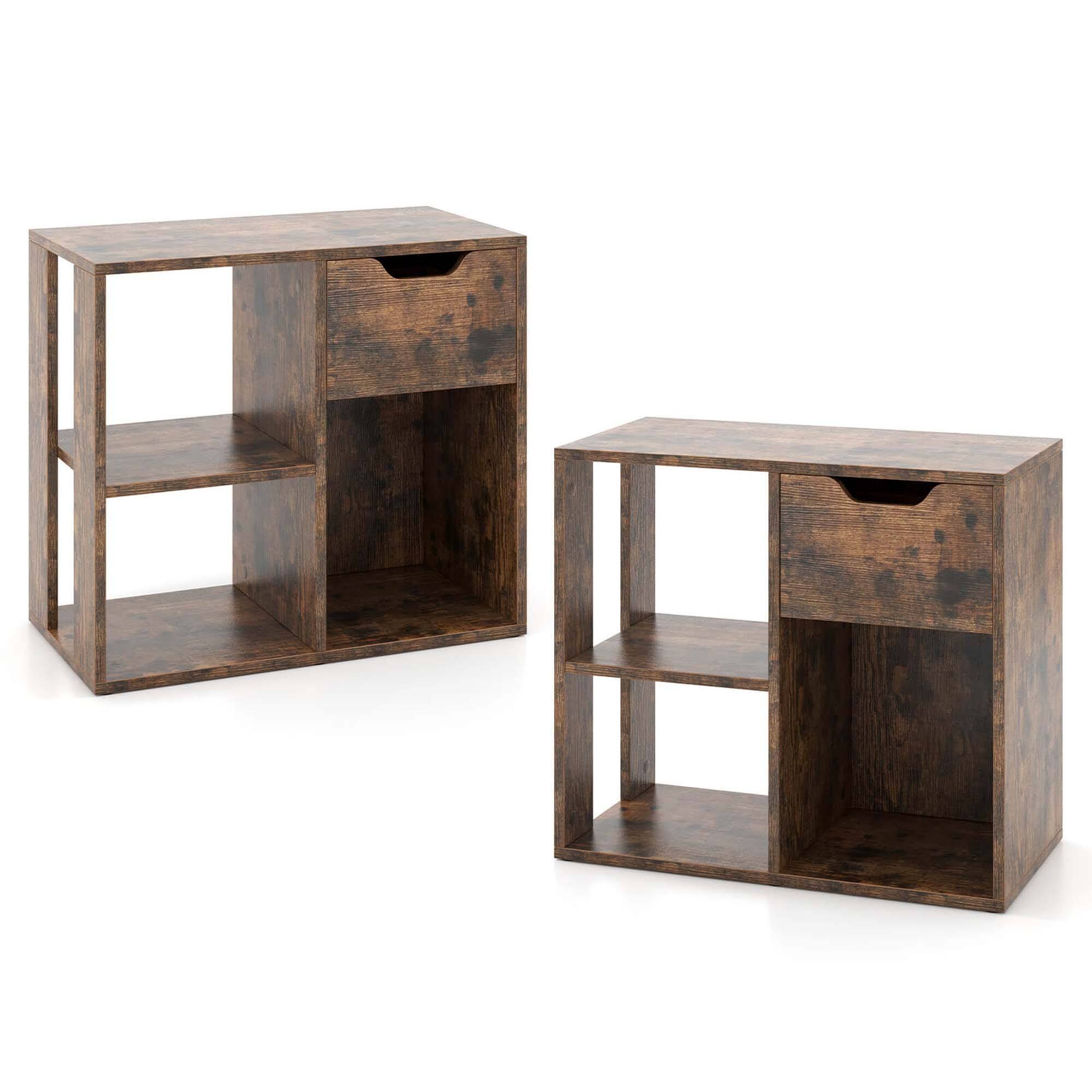 Alt View 9. Costway - Costway 2 PCS 3-Cube Bookshelf 2-Tier Open Shelf Bookcase with Drawer Home Storage Organizer - Brown.