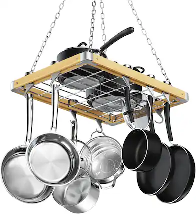 Front. Cooks Standard - Classic Ceiling Wood Pot Rack, 24x18 Inch Heavy Duty Hanging Cookware Organizer.