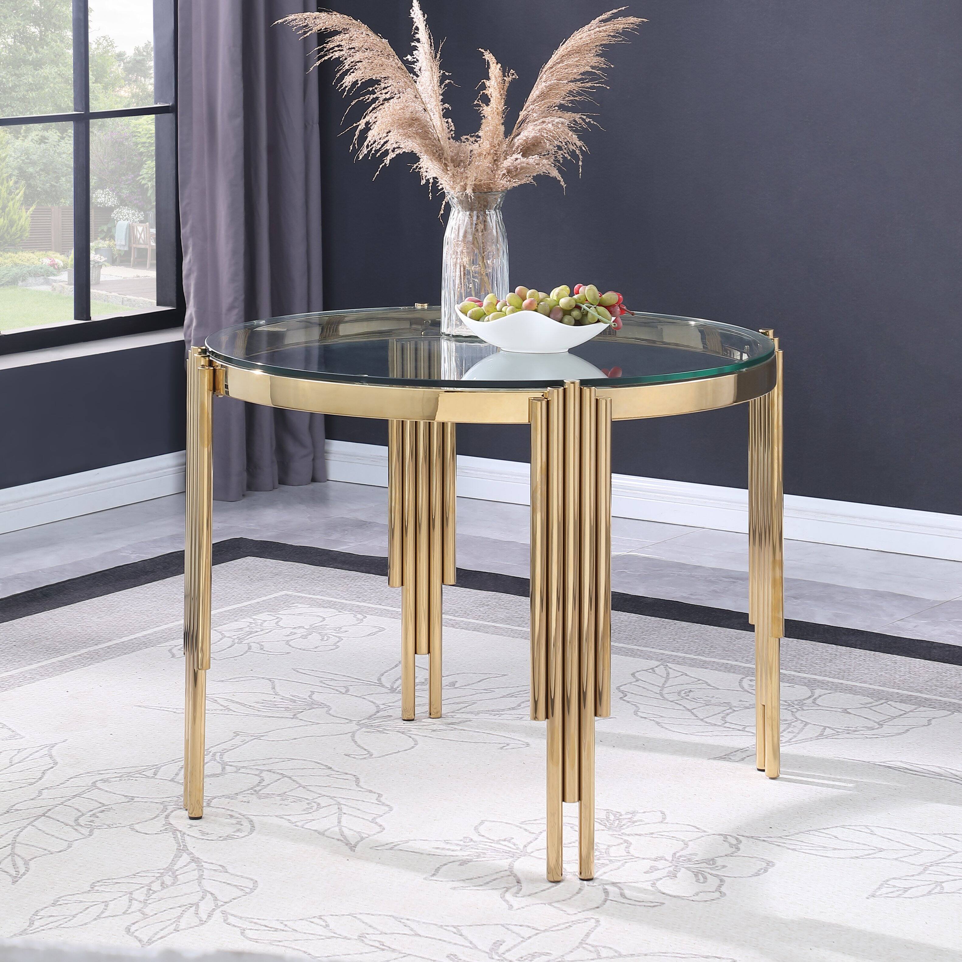 Front. TinyHomie - 386 Round Glass Dining Table Tempered Glass Top Polished Gold Legs - Brown.