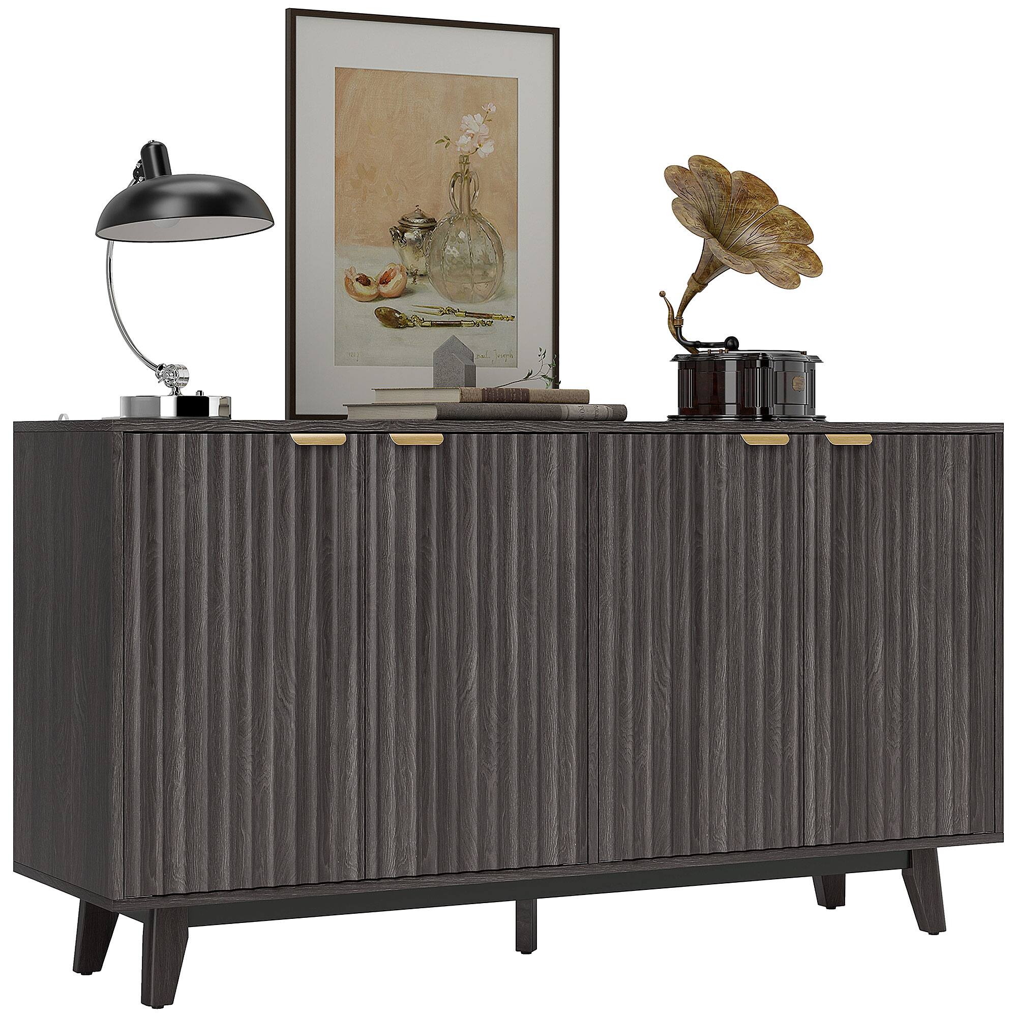 Front. Homcom - Sideboard Buffet Cabinet with Storage, 55" Fluted Modern Buffet Table Coffee Bar Console Cabinet with Shelves - Dark Gray.