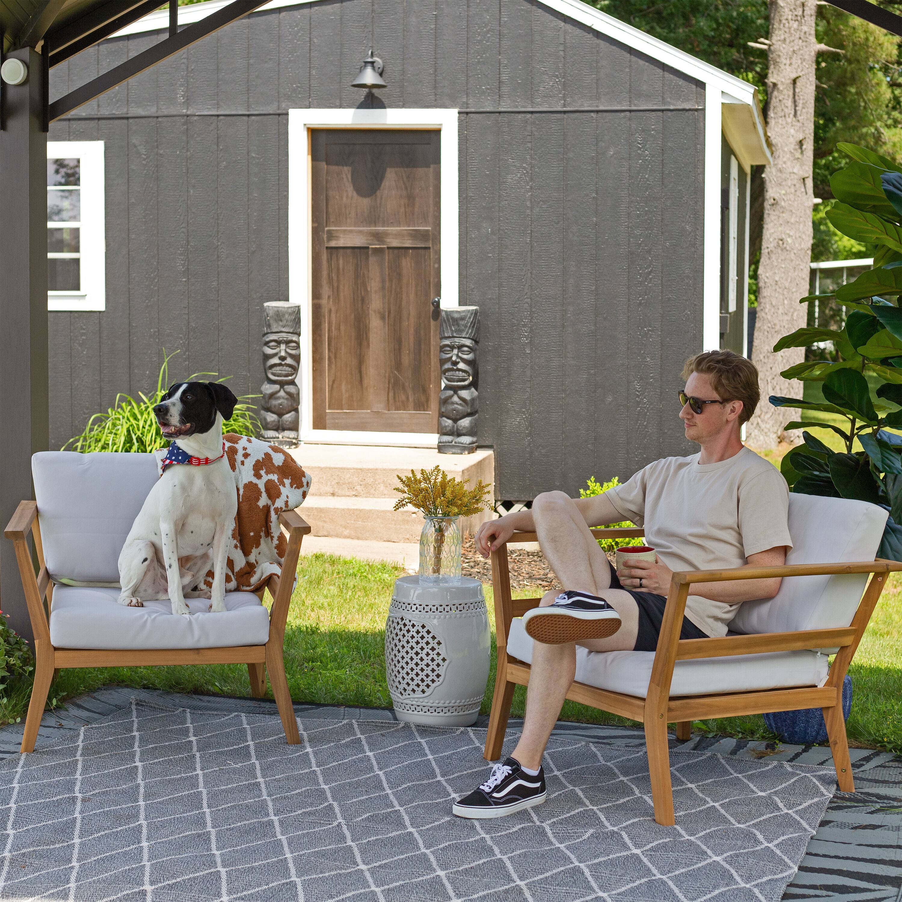 Alt View 8. Sunnydaze - Bodie Acacia Wood Patio Armchair with Cushions - Set of 2 - Natural/Bone White.