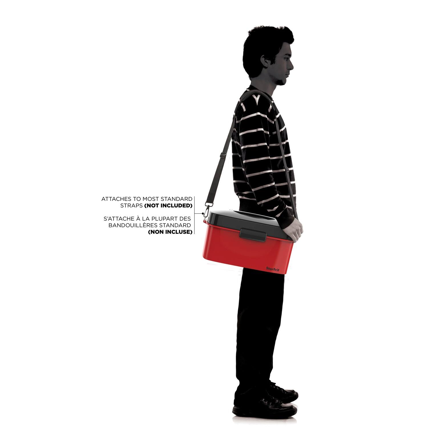 ATTACHES TO MOST STANDARD STRAPS (NOT INCLUDED)  
S'ATTACHE À LA PLUPART DES BANDOUILLES STANDARD (NON INCLUSE)