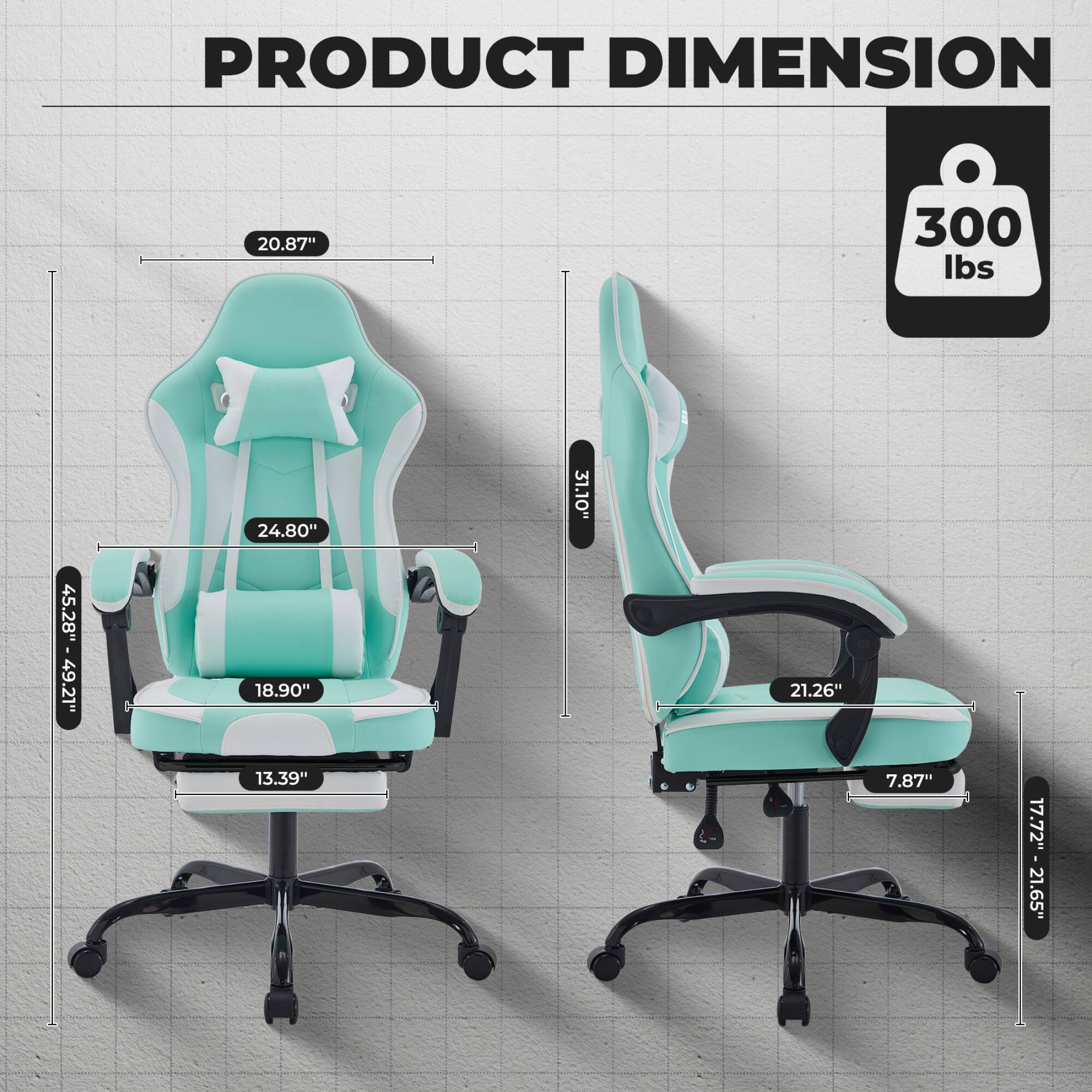 PRODUCT DIMENSION

- Height: 20.87"
- Seat Height: 24.80"
- Seat Width: 18.90"
- Seat Depth: 13.39"
- Back Height: 31.10"
- Back Width: 45.28" - 49.21"
- Armrest Height: 21.26"
- Armrest Width: 7.87"
- Base Width: 17.72" - 21.65"
- Weight Capacity: 300 lbs