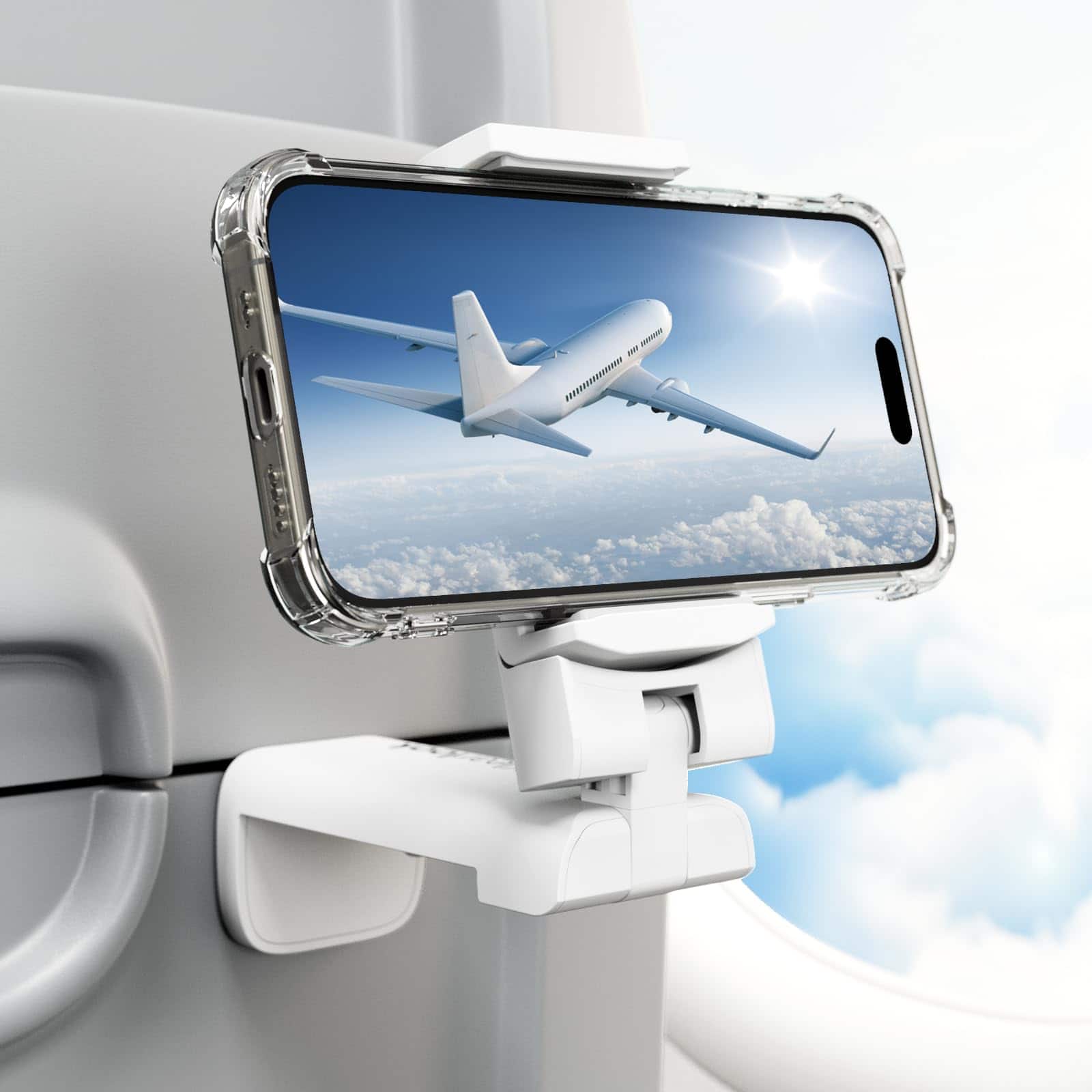HM 1810 - Klearlook Universal Airplane Phone Holder 360 Rotatable Mount For Tray Table Desk Hands free Stand Flight - Pure White