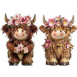Paradigms Interiors - 2 Christmas Highland Cow Figurines Decor With Santa Hat Statue Lovers Gifts For Farmhouse Home Garden Bathr - Pink Flower