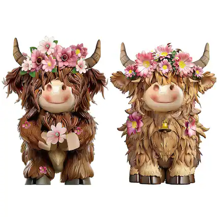 Front. Paradigms Interiors - 2 Christmas Highland Cow Figurines Decor With Santa Hat Statue Lovers Gifts For Farmhouse Home Garden Bathr... - Pink Flower.