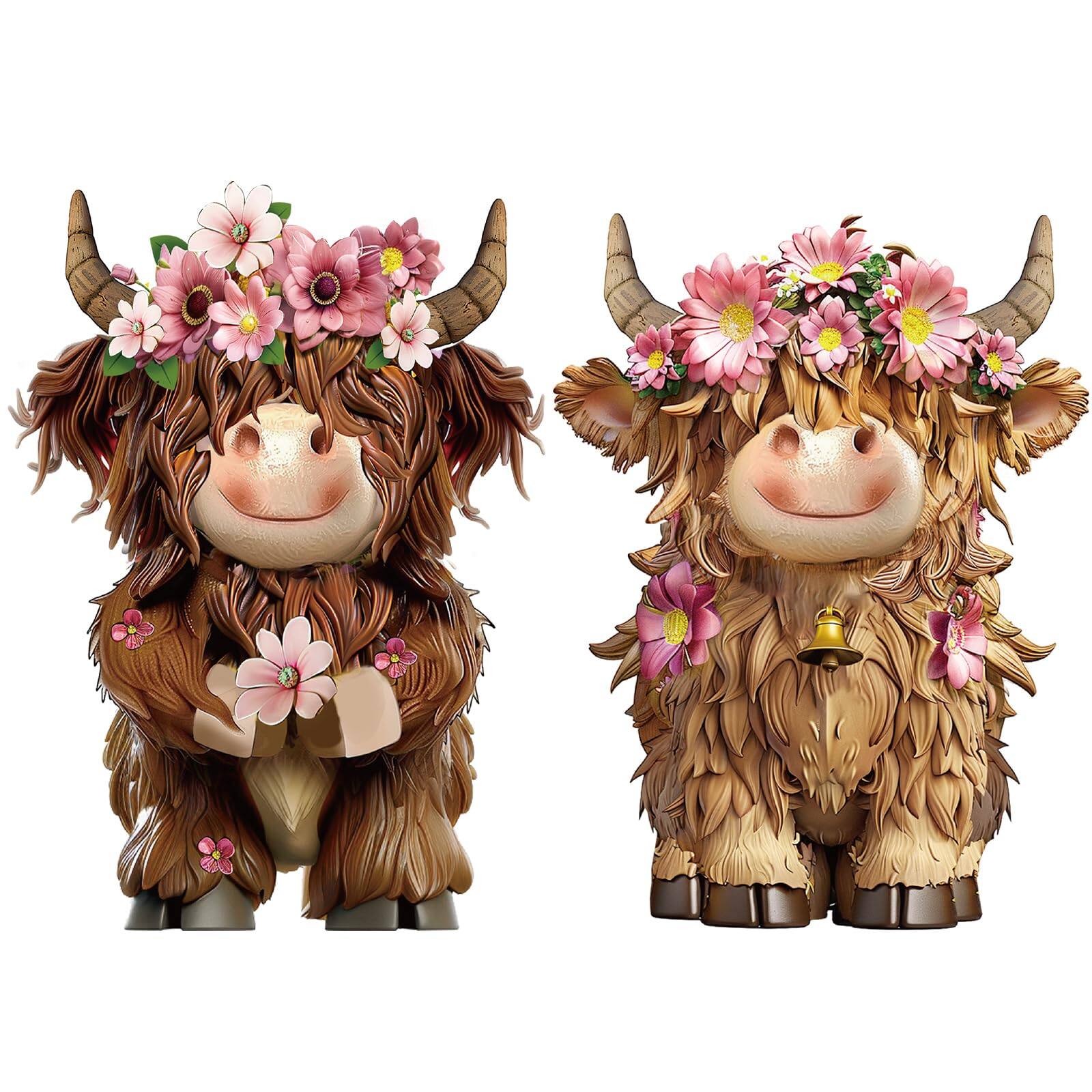 Front. Paradigms Interiors - 2 Christmas Highland Cow Figurines Decor With Santa Hat Statue Lovers Gifts For Farmhouse Home Garden Bathr... - Pink Flower.