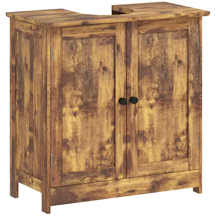 Front. Homcom - Vanity Cabinet, Under Sink Bathroom Cabinet with 2 Doors and Adjustable Shelf - Rustic Brown.