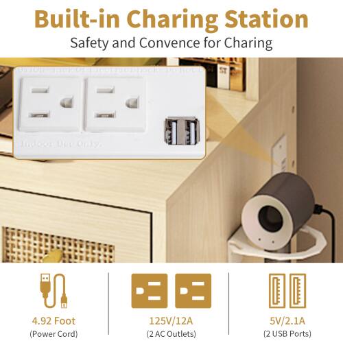 Built-in Charging Station  
Safety and Convenience for Charging  

AUTON R30k Of EIGOLT Bhook  
Do Not ON Indoor Use Only  

4.92 Foot (Power Cord)  
125V/12A (2 AC Outlets)  
5V/2.1A (2 USB Ports)
