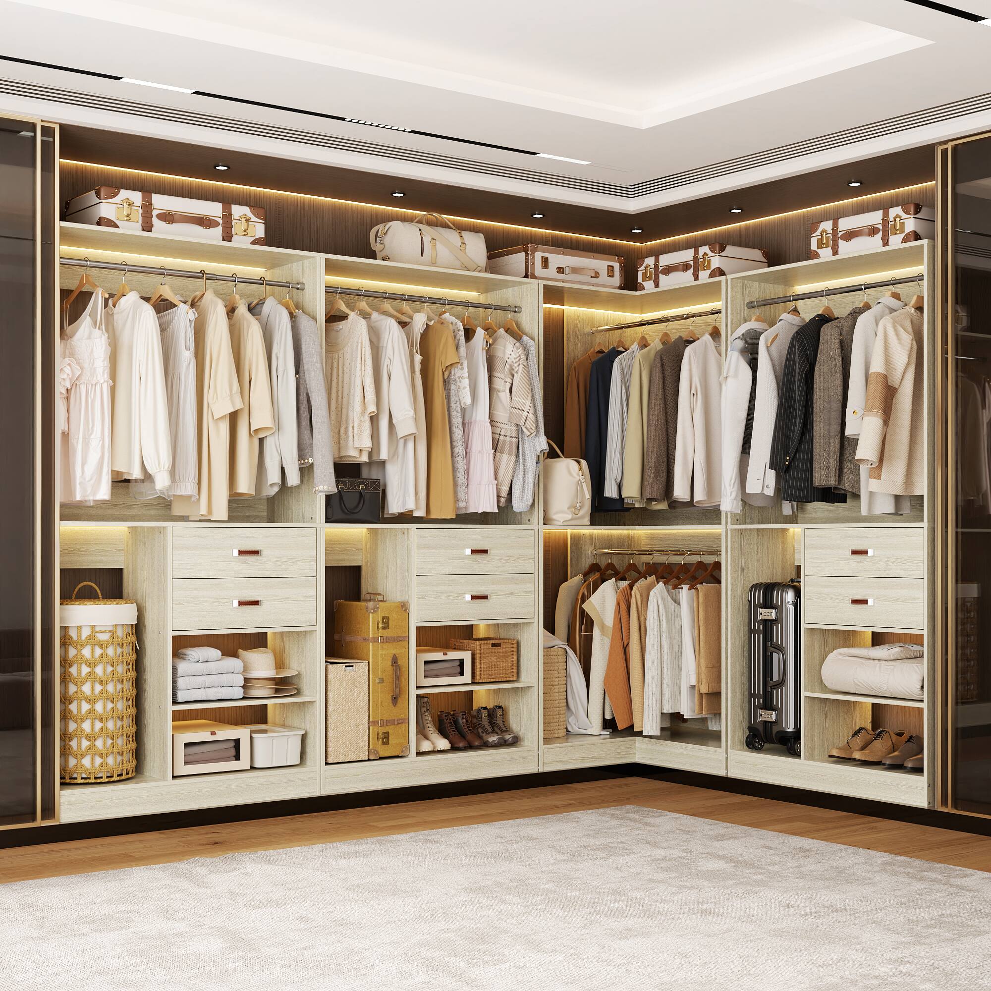 Alt View 1. Aheaplus - 10FT Large Closet Organizer Set of 3, with 6 Drawers, 3 Hanging Rods and Luggage Storage Space - Beige Oak.