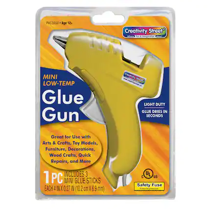 PAC3350 Age 12+
Creativity Street
Where Fun & Imagination Meet
MINI LOW-TEMP Glue Gun
LIGHT DUTY
GLUE DRIES IN SECONDS
Great for Use with Arts & Crafts, Toy Models, Furniture, Decorations, Wood Crafts, Quick Repairs, and More
1 PC
INCLUDES 3 MINI GLUE STICKS
EACH 4 IN X 0.27 IN (10.2 cm X 6.9 mm)
CUL US
Safety Fuse
Enhanced protection
Creativity Street
www.creativitystreet.com