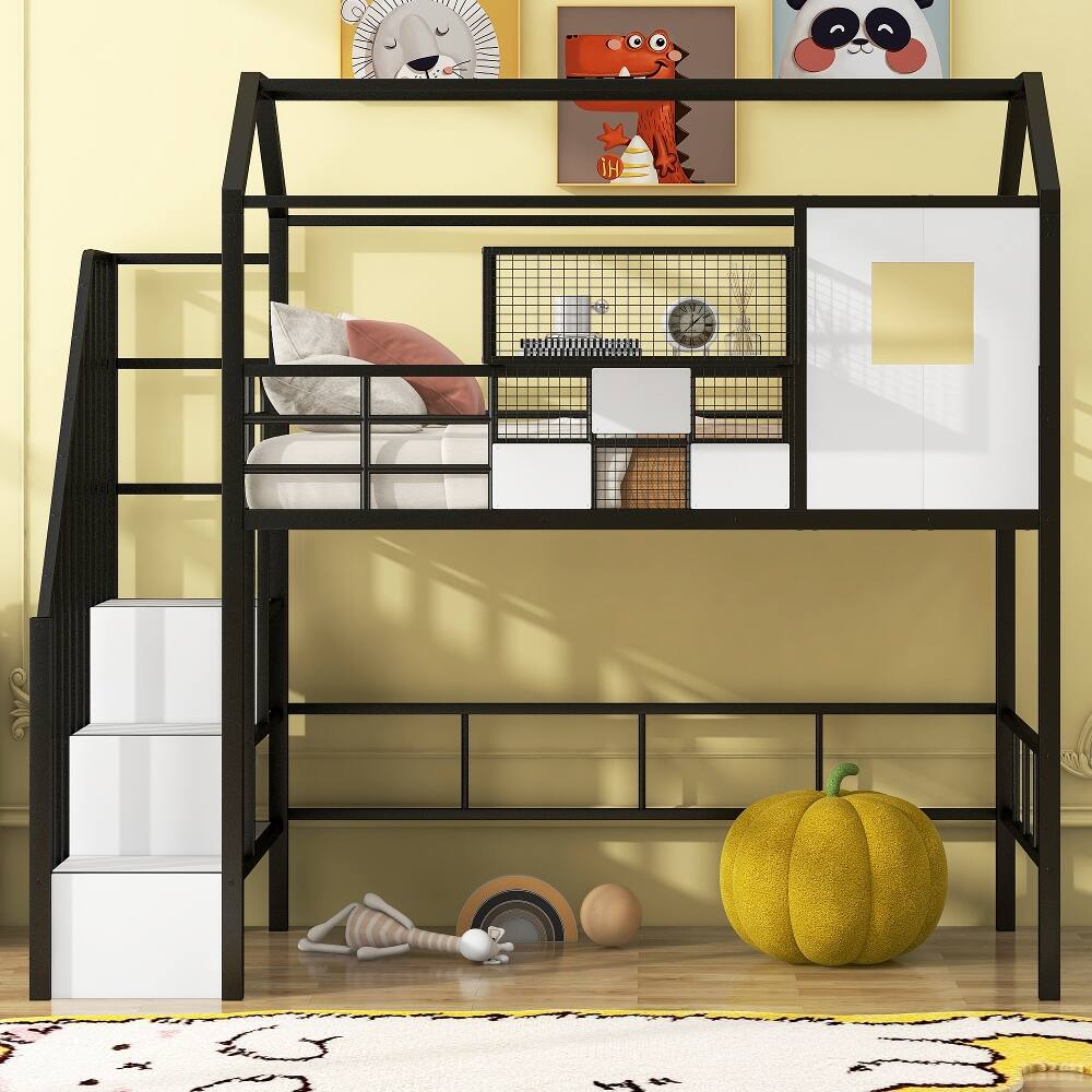 Left. Loheer - Loheer Metal Loft Bed with Roof Design Twin Size Black House Loft Bed with Storage Box and Integrated Ladder - Black.