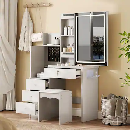 Front. GOODSILO - Elegant Vanity Desk Set with Illuminated Mirror and Storage Solutions - White.