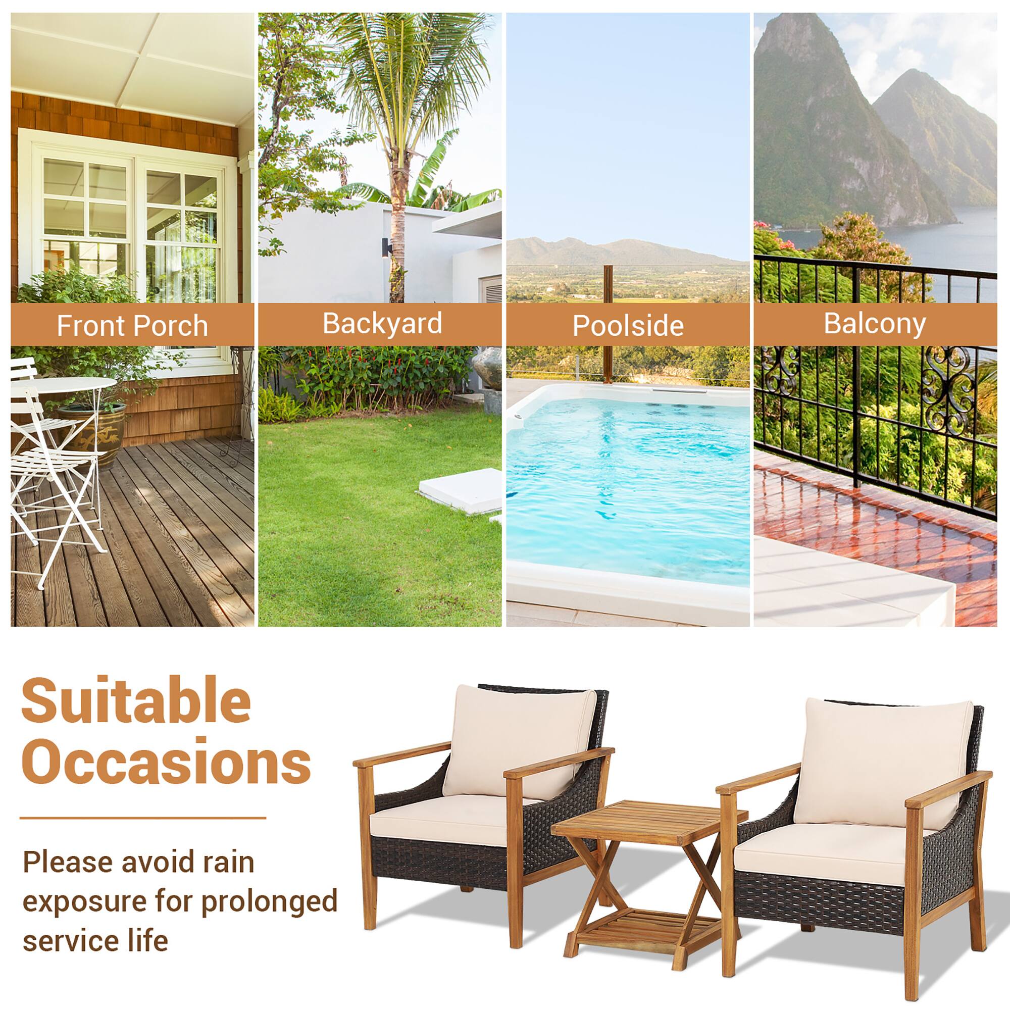 Suitable Occasions
Front Porch
Backyard
Poolside
Balcony
Please avoid rain exposure for prolonged service life