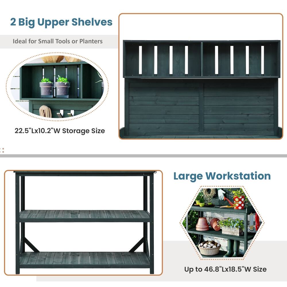 2 Big Upper Shelves  
Ideal for Small Tools or Planters  
22.5"Lx10.2"W Storage Size  

Large Workstation  
Up to 46.8"Lx18.5"W Size