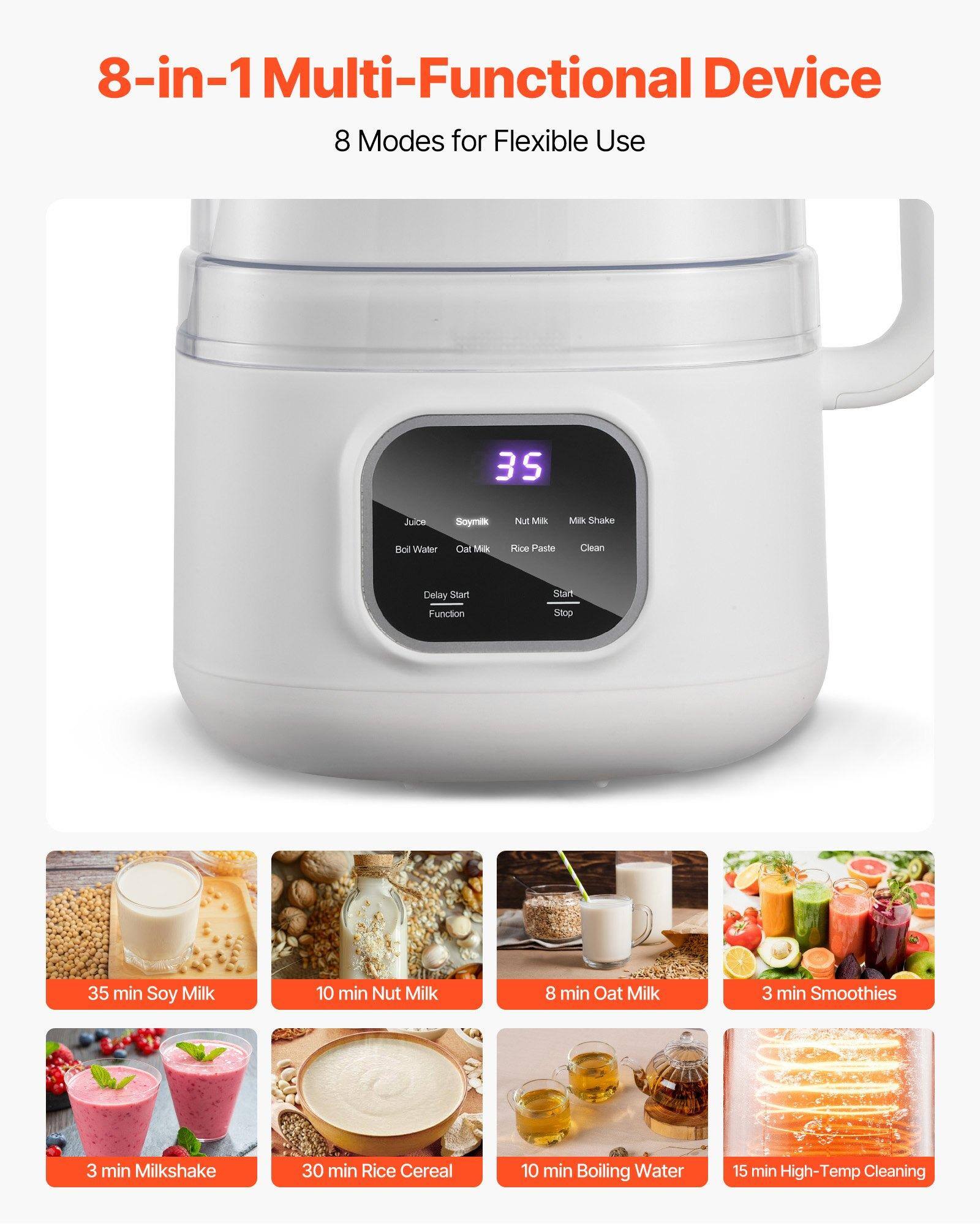 8-in-1 Multi-Functional Device  
8 Modes for Flexible Use  

35 min Soy Milk  
10 min Nut Milk  
8 min Oat Milk  
3 min Smoothies  
3 min Milkshake  
30 min Rice Cereal  
10 min Boiling Water  
15 min High-Temp Cleaning  

Delay Start Function
