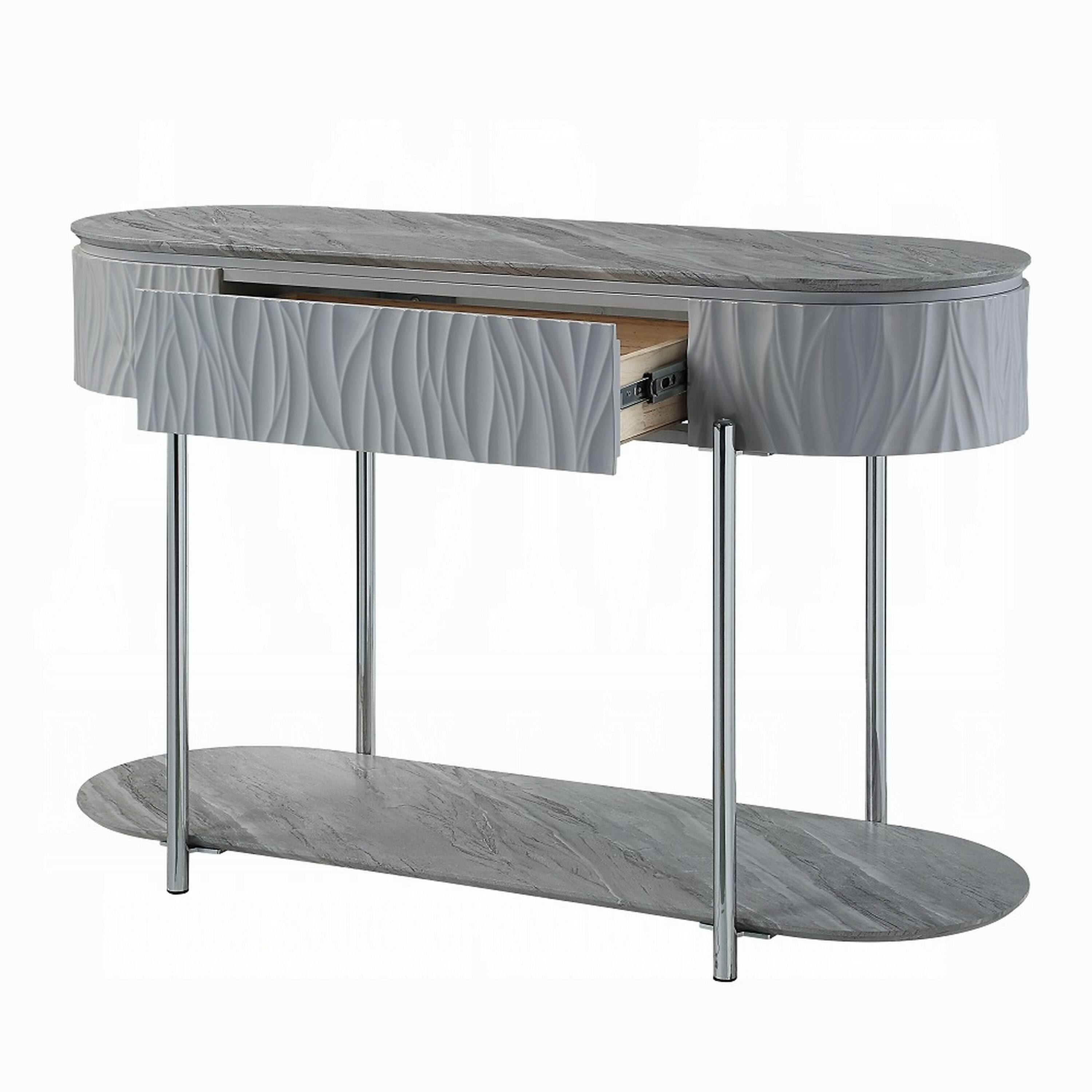 Alt View 2. Manhattan Lane - Doug Sofa Table, Gray High Gloss Wood, Drawers, Chrome Metal, 47 Inch - Gray, Chrome.