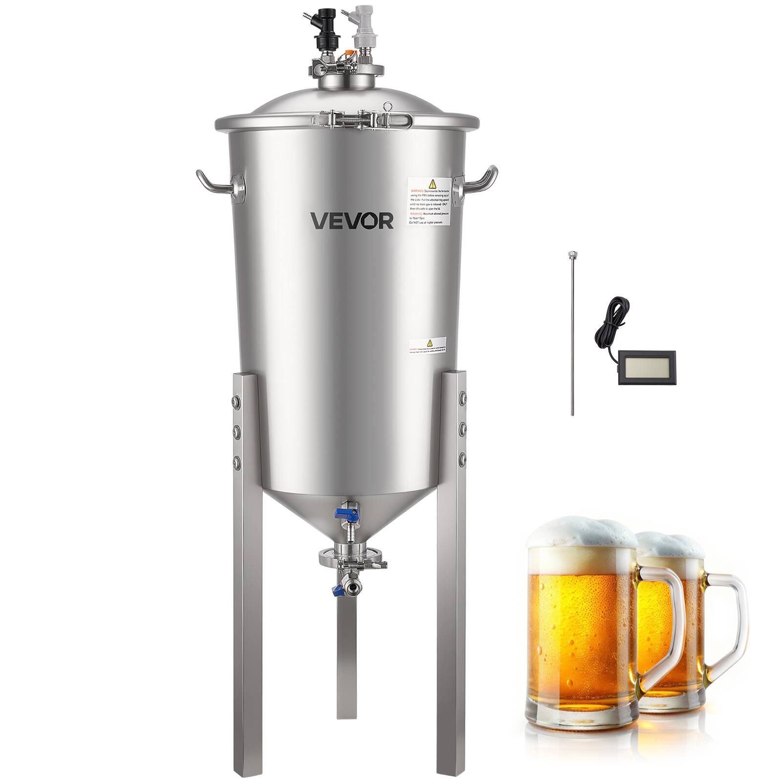 Front. VEVOR - Pressure Fermenter 15 PSI, 8 Gal/30L All-in-One Stainless Steel Conical Secondary Fermentation Bucket - Silver.