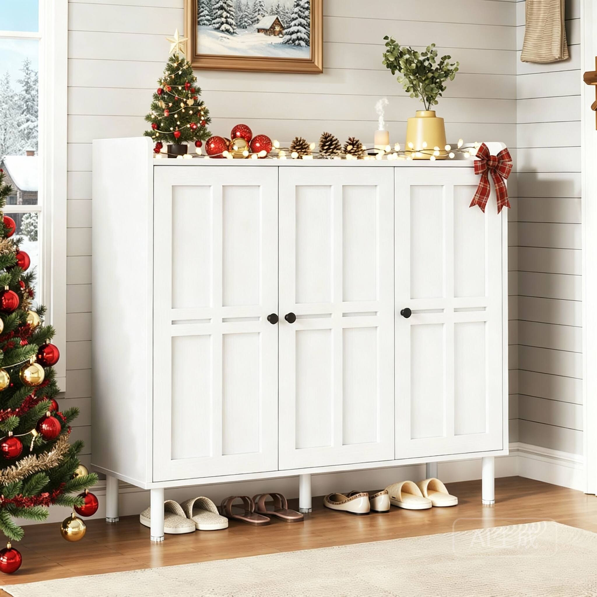 Front. VEGA AUTOMOTIVE - 3-Door Shoe Cabinet 30 Pairs Adjustable Shelves 40" Tall Entryway Organizer - White.