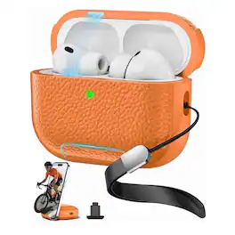 Dteck - Case for AirPods Pro 3rd Gen (2025) with Magnetic Lid Lock, Earphone Protective Cover Bulit in Phone Stand & Lanyard - Orange